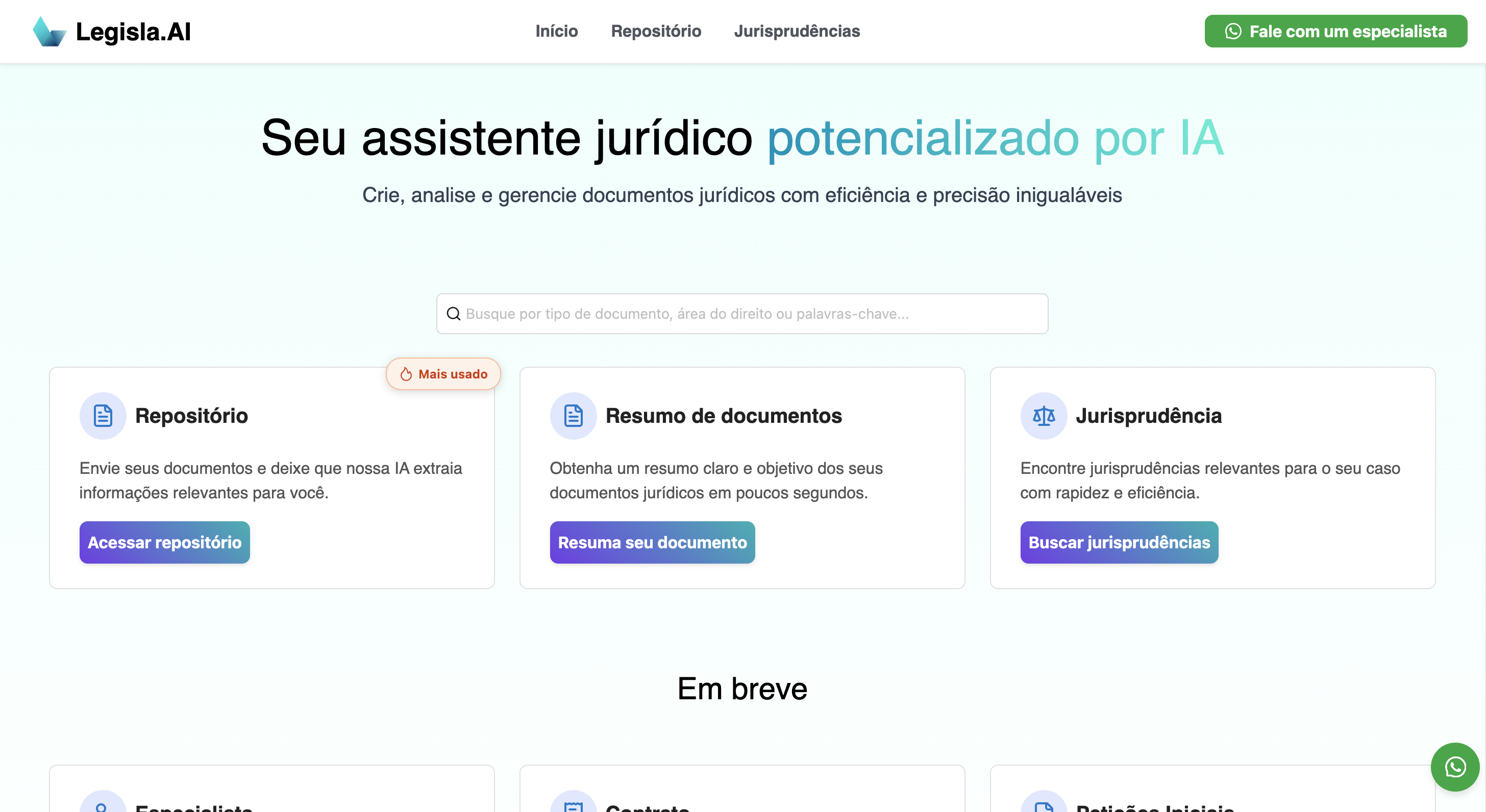Interface do Legisla.AI mostrando as principais funcionalidades